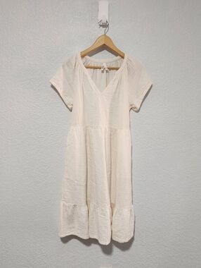 Pact Women's Coastal Double Gauze Tie Waist Midi Dress Ivory Small Beach Wear